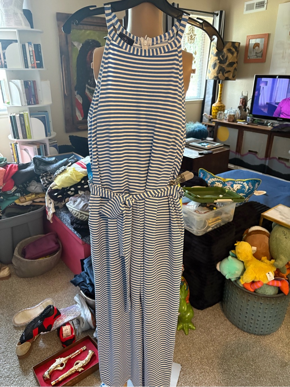 EUC Sailor-Sailor Blue Striped Halter Tank Capri Jumpsuit M
